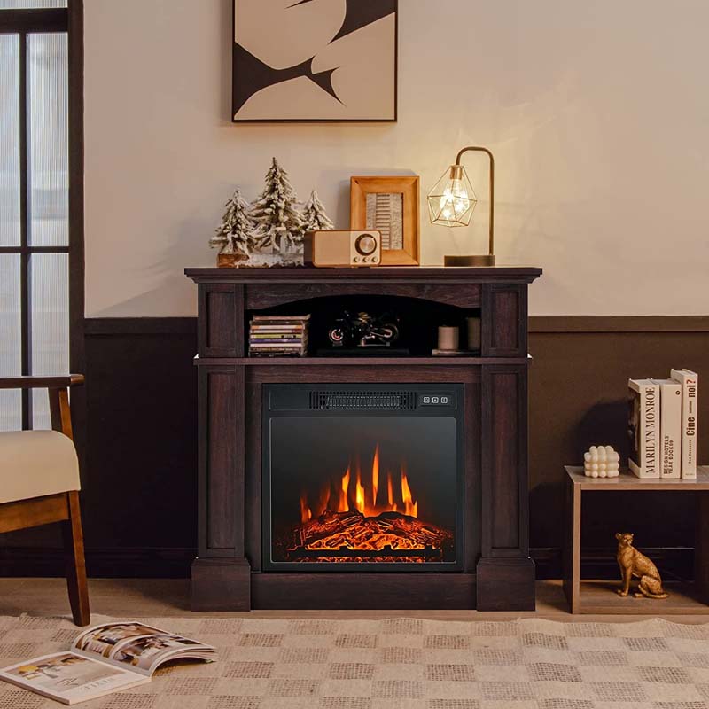 32" Electric Fireplace Mantel, Freestanding Wooden Surround Firebox with 1400W Fireplace Heater, Remote, Thermostat, 6H Timer
