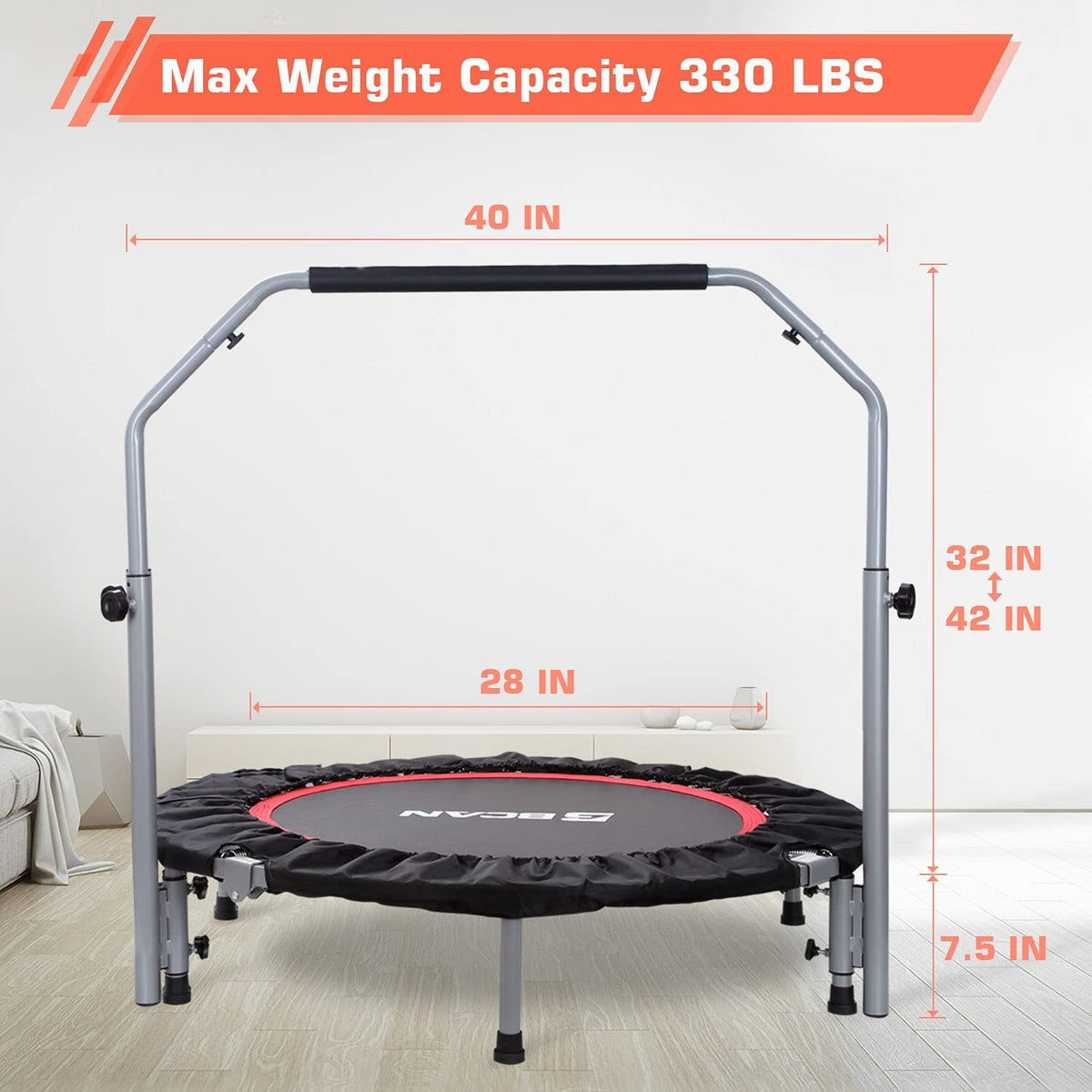 BCAN 40/48" Foldable Mini Trampoline，Workout Max Load 330lbs/440lbs