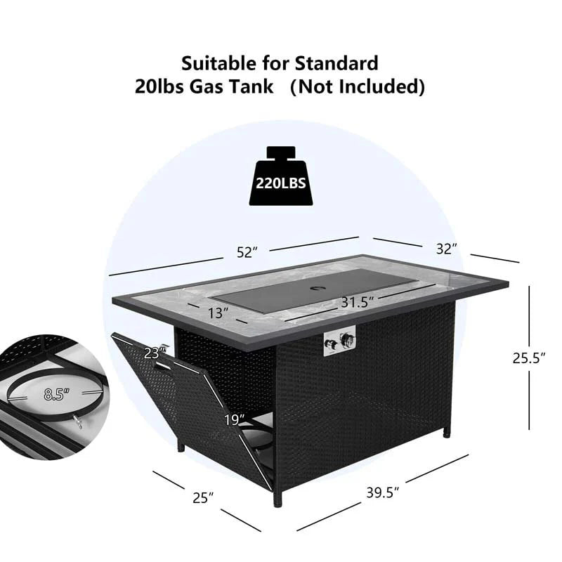 52" 50000 BTU Rattan Outdoor Propane Gas Fire Pit Table with Marble Tabletop, Lava Rocks & PVC Cover