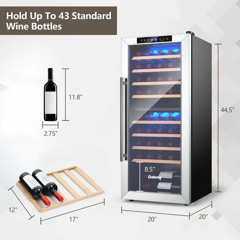 20" 43-Bottle Dual Zone Wine Cooler Refrigerator Freestanding Wine Cellar with 8 Wooden Shelves
