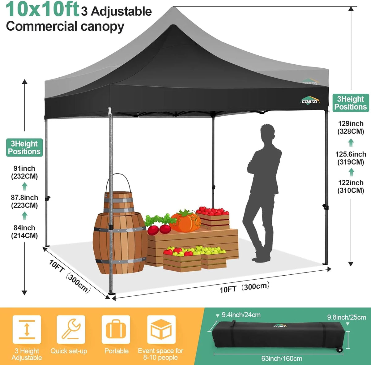 COBIZI 10x20 Heavy Duty Pop up Canopy Tent with 6 sidewalls Easy Up Commercial Outdoor Canopy Wedding Party Tents for Parties All Season Wind & Waterproof Gazebo with Roller Bag,Black(Frame Thickened)
