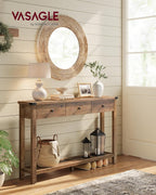 VASAGLE LIRY Collection - Console Table with 3 Drawers and Open Storage Shelf, Narrow Entryway Sofa Table for Living Room, Farmhouse Style, Metal Corners, Honey Brown ULNT142KB02S