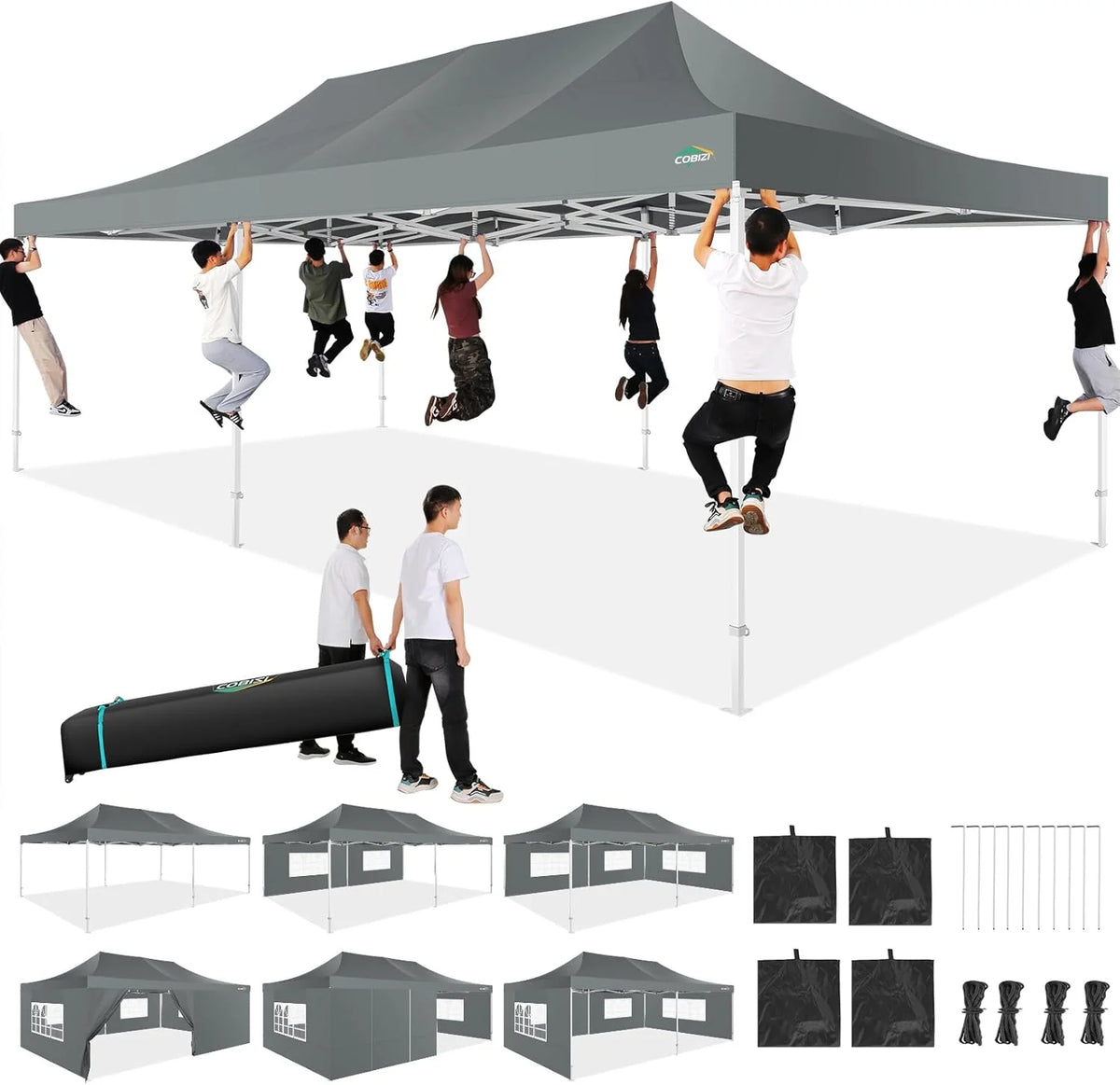 COBIZI 10x20 Heavy Duty Pop up Canopy Tent with 6 sidewalls Easy Up Commercial Outdoor Canopy Wedding Party Tents for Parties All Season Wind & Waterproof Gazebo with Roller Bag,Black(Frame Thickened)