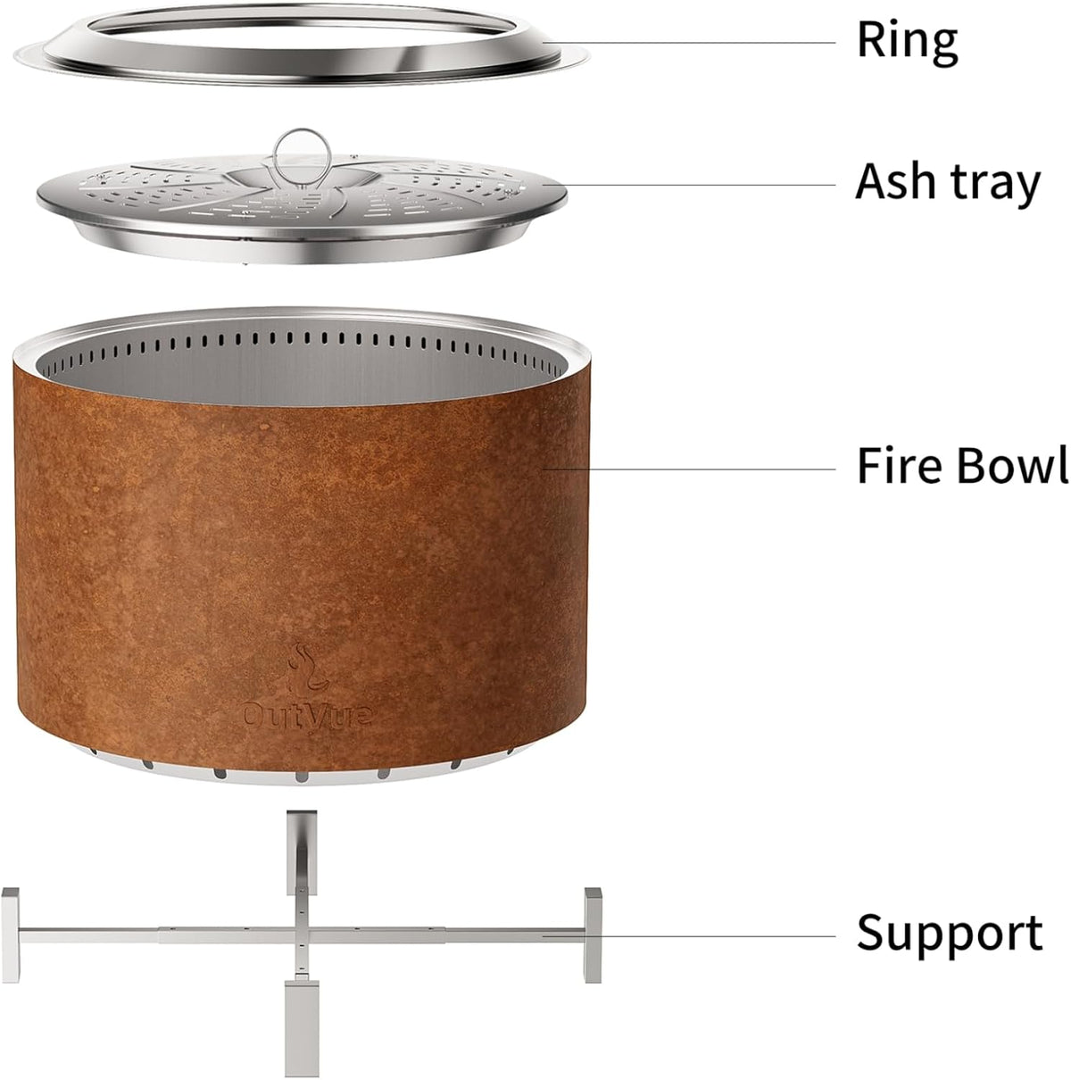 OutVue Stainless Steel Smokeless Fire Pit, Outdoor Smokeless Firepit, Wood Burning Fire Pits for Bonfire, Patio, Camping, Low Smoke Firepit for Outside (Rusty, 27 Inch)
