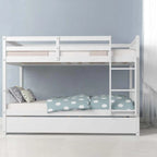 Solid Wood Full Over Full Bunk Bed Frame with Trundle, Safety Ladder & Guardrails, Convertible Bunk Bed for Kids Teens