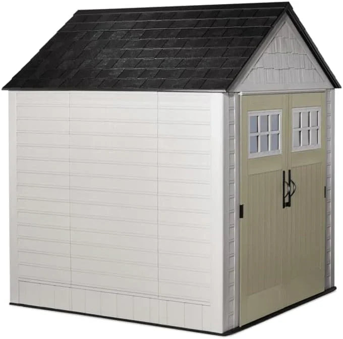 Rubbermaid Resin Outdoor Storage Shed With Floor (7 x 7 Ft) Weather Resistant Gray Organization for Home/Backyard/Garden Tools/Lawn Mower/Bike Storage/Pool Supplies