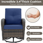 Belord Patio Wicker Chairs Swivel Rocker - Outdoor Swivel Rocking Chairs Set of 2 with Rattan Side Table  Patio Swivel Glider Chair 3 Piece Patio Furniture Sets for Deck Porch Pool Brown/Blue
