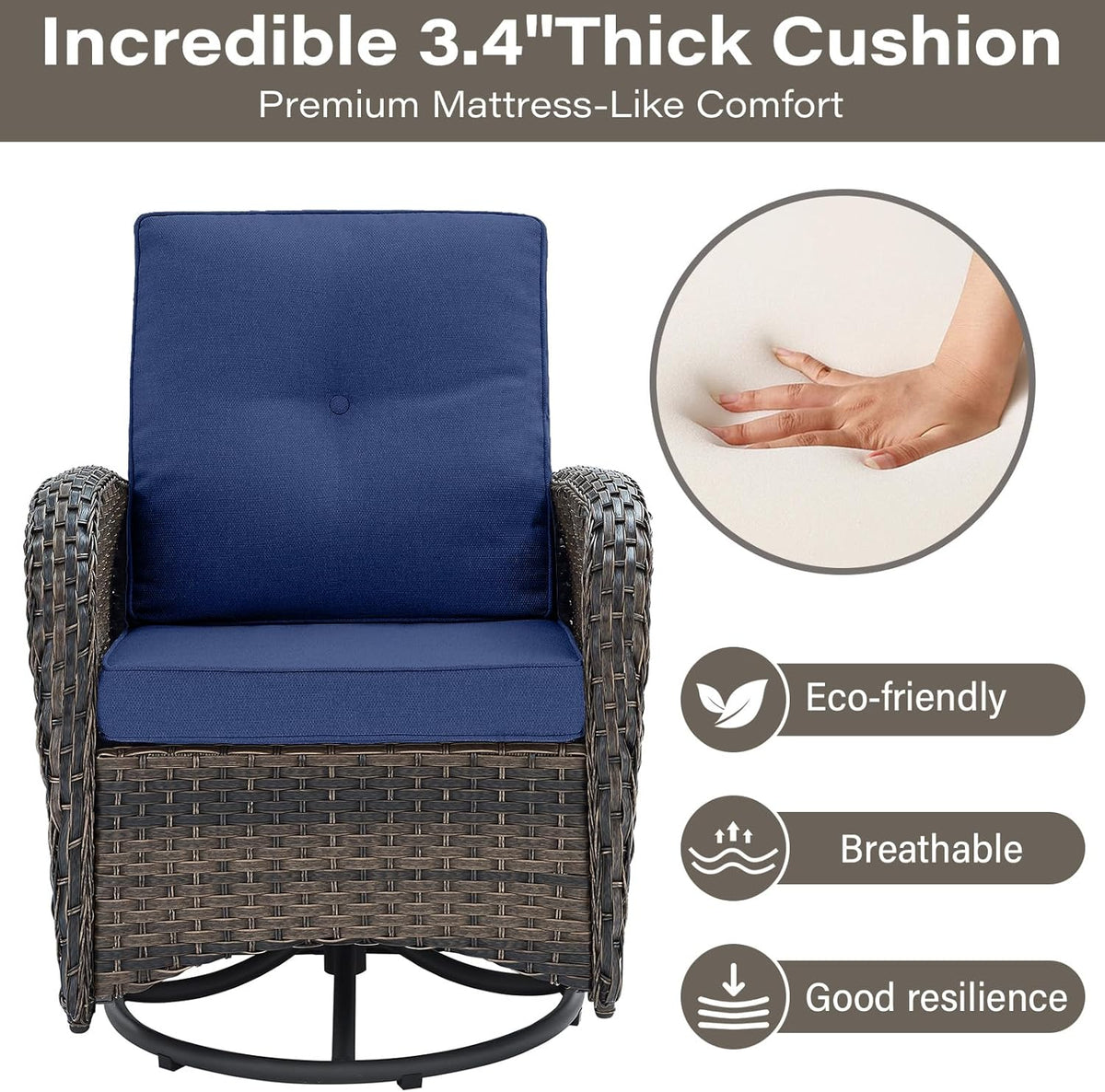 Belord Patio Wicker Chairs Swivel Rocker - Outdoor Swivel Rocking Chairs Set of 2 with Rattan Side Table  Patio Swivel Glider Chair 3 Piece Patio Furniture Sets for Deck Porch Pool Brown/Blue