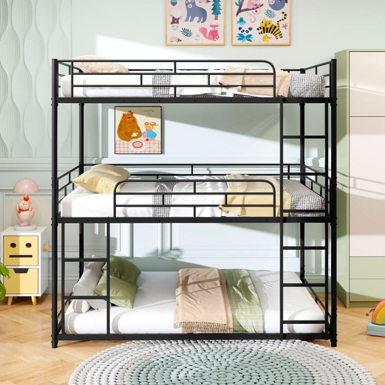 Metal Triple Bunk Bed with Safety Guardrails and 2 Ladders