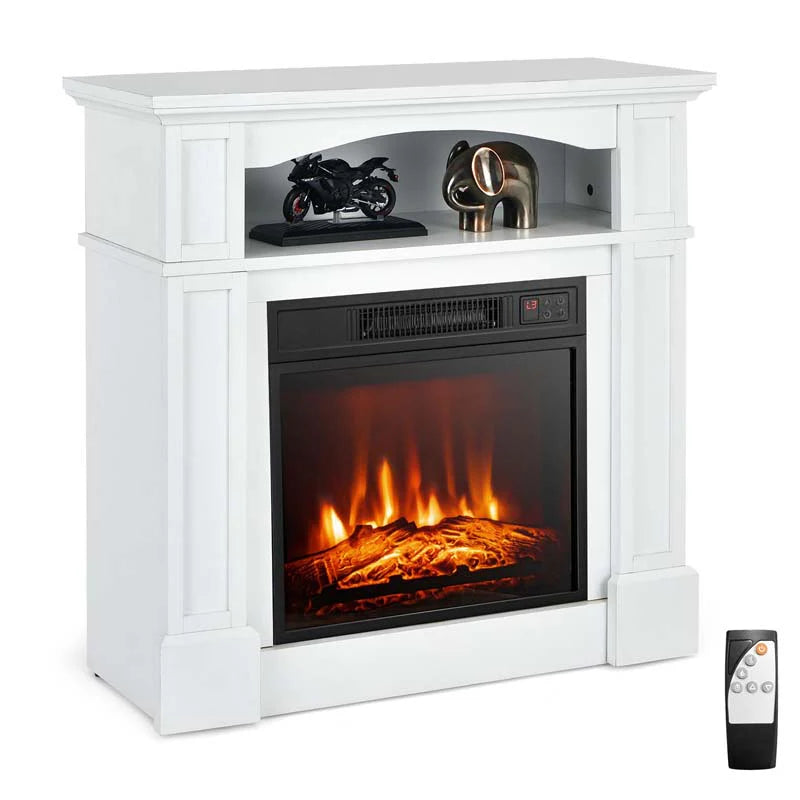 32" Electric Fireplace Mantel, Freestanding Wooden Surround Firebox with 1400W Fireplace Heater, Remote, Thermostat, 6H Timer