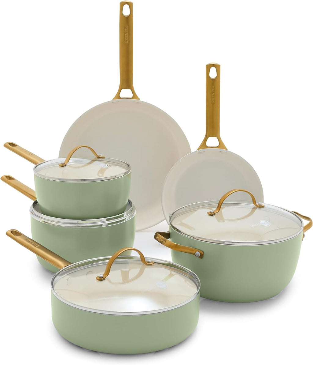 Reserve Hard Anodized Healthy Ceramic Nonstick 10 Piece Cookware Pots and Pans Set, Gold Handle, PFAS-Free, Dishwasher Safe, Oven Safe, Black