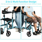 2 in 1 Rollator Walker Wheelchair Folding Medical Walker, Aluminum Transport Chair Mobility Walking Aid