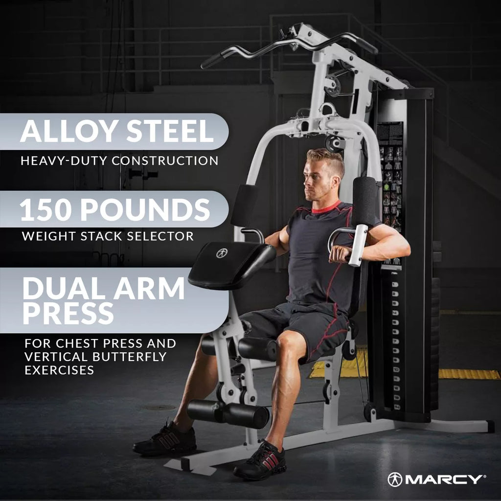 Marcy 150-Pound Stack Home Gym, Dual-Function Arm Press & Leg Developer, Full Body Workout, Black/White
