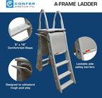 Confer Plastics 7200 Roll Guard 48" to 56" Adjustable A Frame Safety Ladder For Above Ground Outdoor Patio Swimming Pool Platform Ladder with Step Barrier, Warm Grey