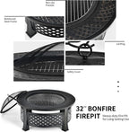 Giantex 3 in 1 Fire Pit, 32" Outdoor Wood Burning Fire Pit, Multifunctional Round Firepit Stove, Metal Fire Bowl with Cover, Portable Fire Pits for Outside Heating, Bonfire, Picnic, Grill
