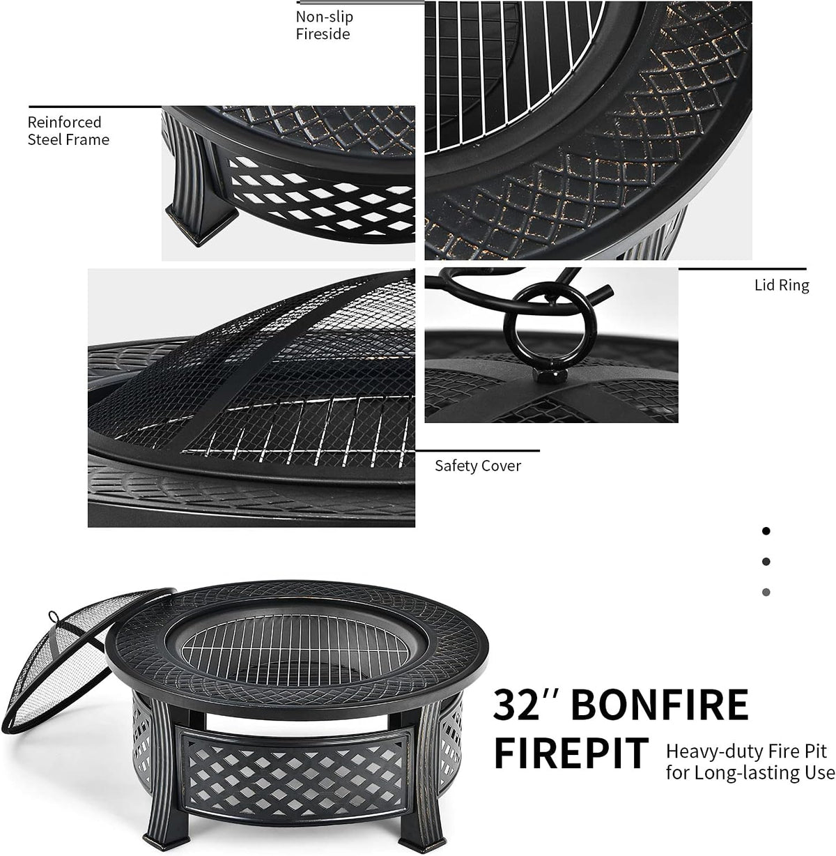 Giantex 3 in 1 Fire Pit, 32" Outdoor Wood Burning Fire Pit, Multifunctional Round Firepit Stove, Metal Fire Bowl with Cover, Portable Fire Pits for Outside Heating, Bonfire, Picnic, Grill