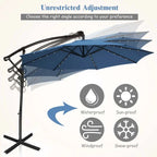 10 FT Patio Offset Umbrella with Solar Lights 360° Rotation Outdoor Market Umbrella with Crank Handle & Cross Base