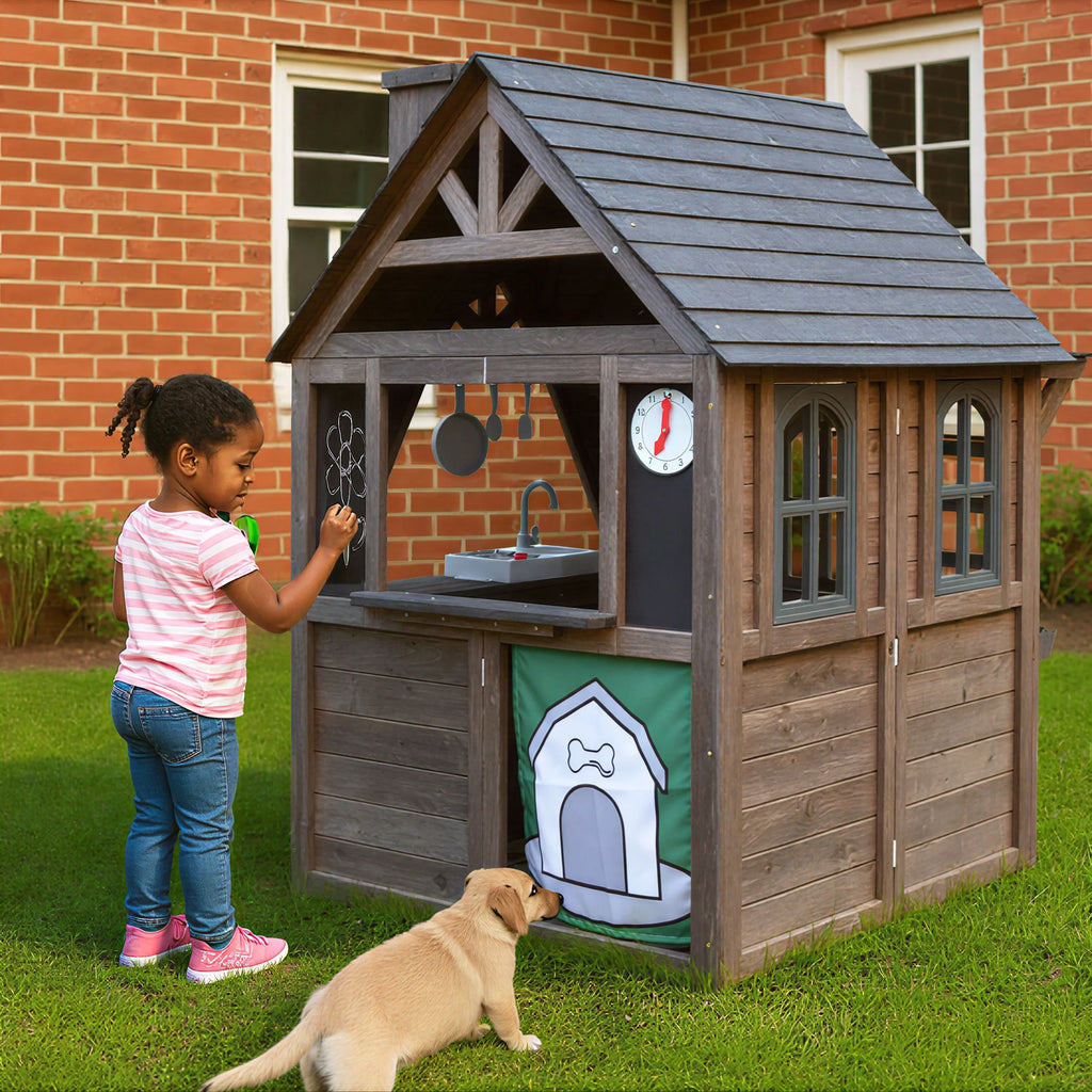 COCLUB Outdoor Playhouse for Kids Ages 4-8, Wooden Play House with Doorbell, Phone, Kitchen Toys, Outdoor Kids Play Equipment, Casa Para Niñas (45”L x 65”H), White & Black