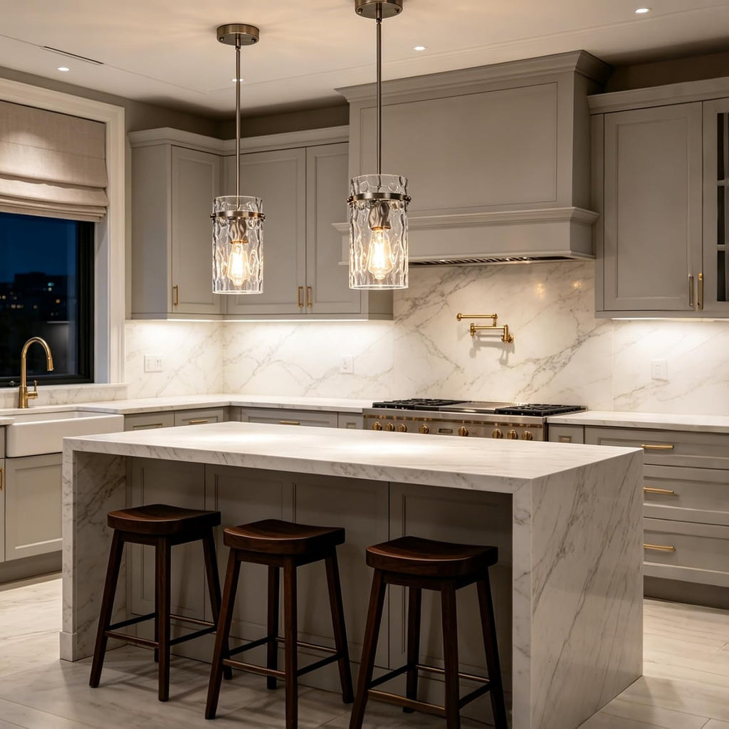 5.5" Brush Nickel Hammered Glass Pendant Light Fixtures, Brushed Nickel Kitchen Pendant Lights, Modern Kitchen Island Light Dining Room Light Farmhouse Island Lights Sink 2 Pack