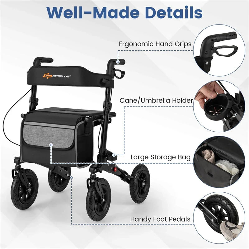 2-in-1 Folding Rolling Rollator Walker with Seat, 9" All-Terrain Pneumatic Tires & Height Adjustment, Aluminum Mobility Walking Aid for Seniors