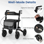 2-in-1 Folding Rolling Rollator Walker with Seat, 9" All-Terrain Pneumatic Tires & Height Adjustment, Aluminum Mobility Walking Aid for Seniors