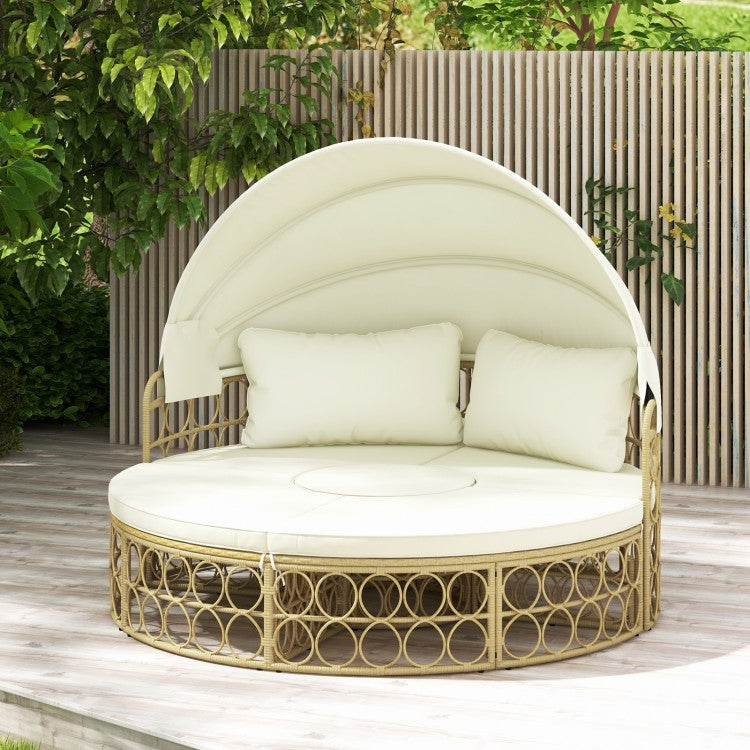 Outdoor Patio Round Daybed with Retractable Canopy and Soft Cushions