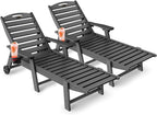 Lounge Chair Outdoor, Chaise Lounge, HDPE 6-Position Outdoor Chaise Lounge, Patio Lounge Chair with Wheels & Cup Holder for Pool Poolside Deck Backyard, Teak