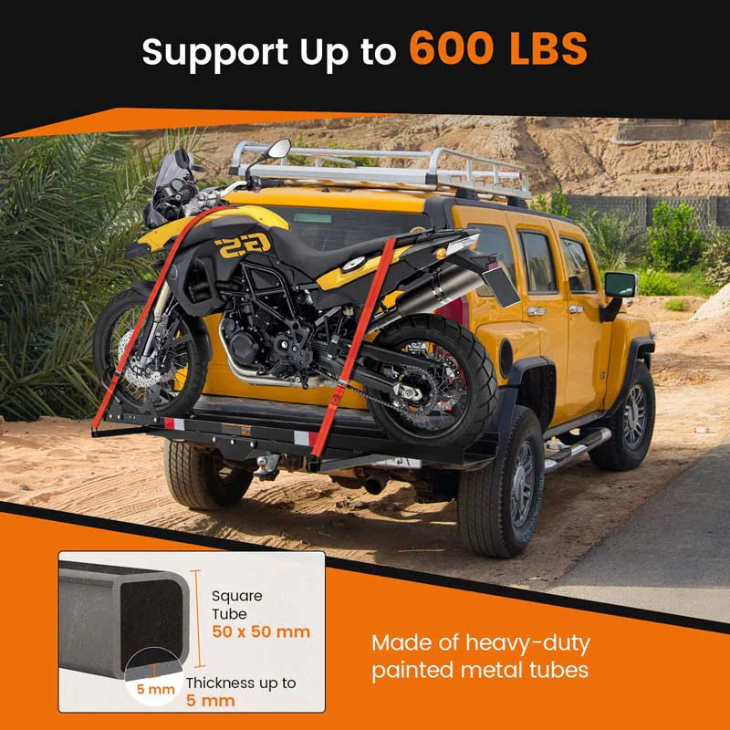 600LBS Motorcycle Hitch Carrier Fit Up to 7.5" Wide Tire, Motorcycle Carrier Hitch Mount w/Loading Ramp, Dirt Bike Trailer, Heavy Duty Motorcycle Rack