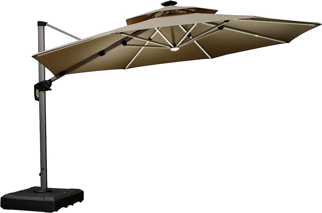 12ft Solar LED Patio Umbrella Outdoor Round Umbrella Large Cantilever Umbrella with LED Lights Windproof Bias Umbrella Heavy Duty Parasol for Garden Deck Pool Patio