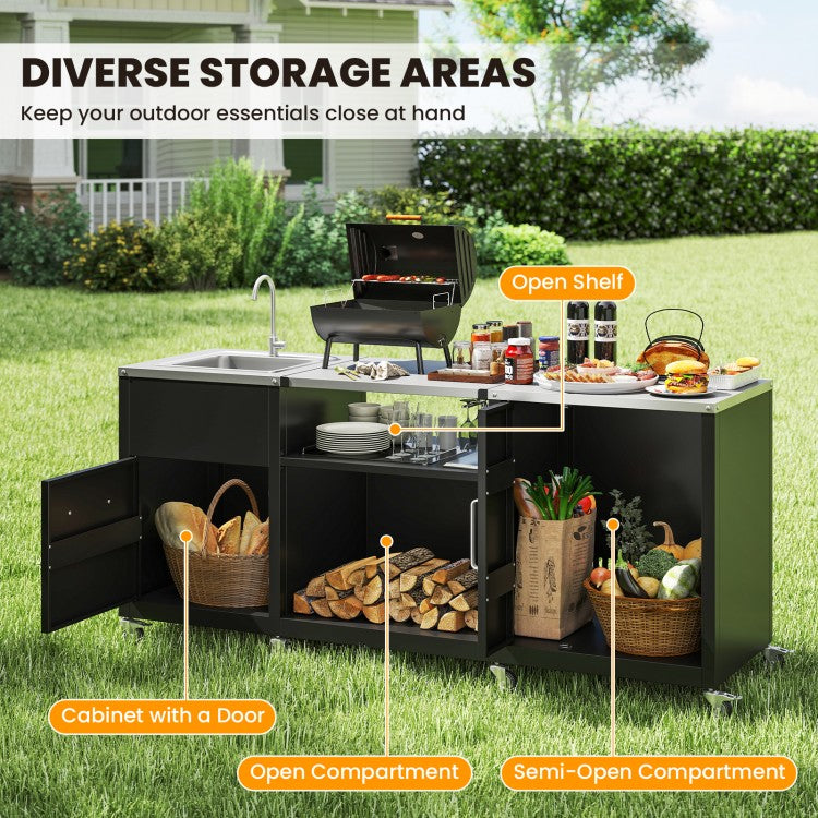 Outdoor Grill Table with Sink and Drainage Heavy Duty Metal Grill Cart