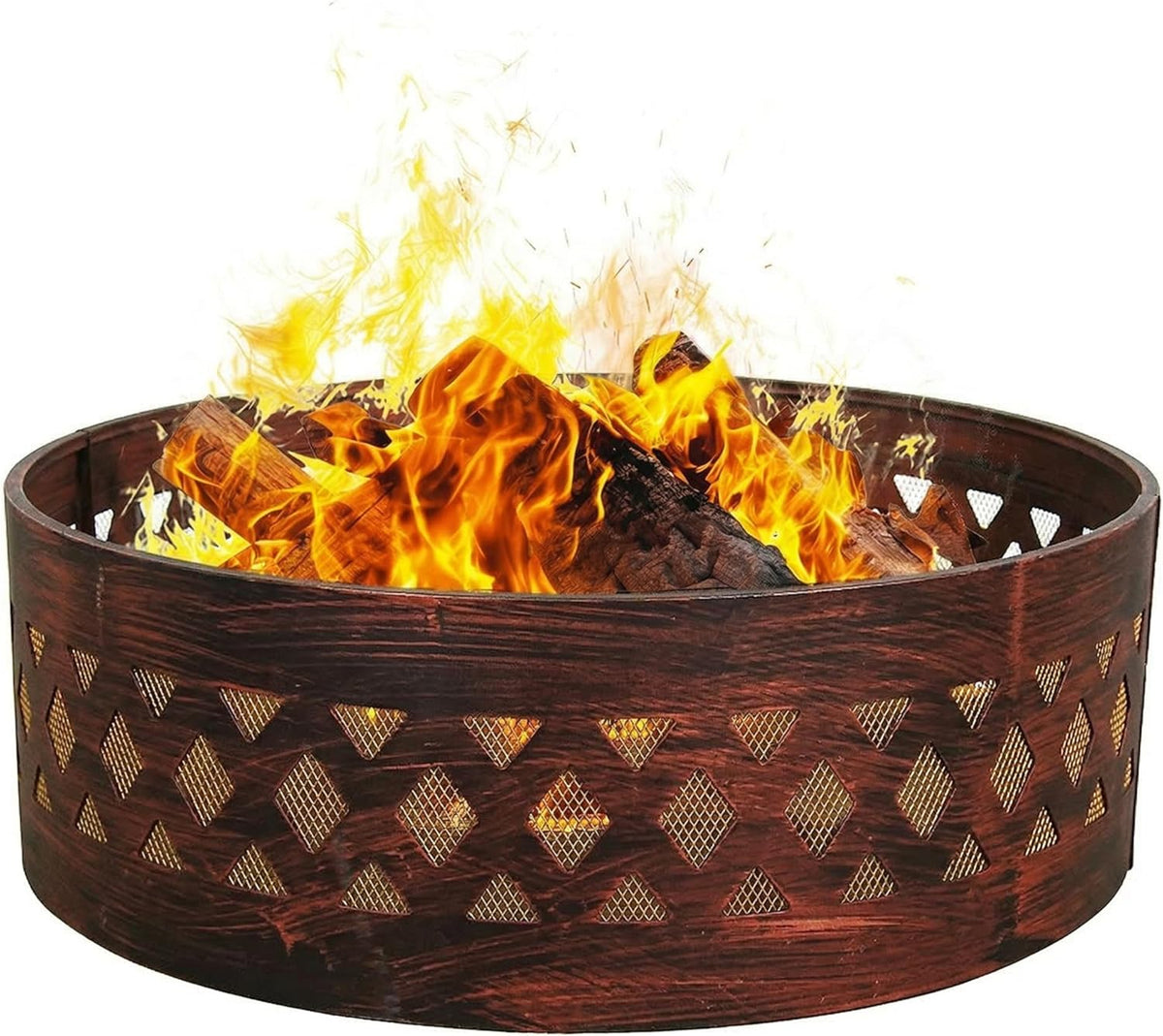 Sunnydaze 36-Inch Outdoor Fire Pit Ring with Poker - Round Heavy-Duty Steel Fire Ring for Camping or Backyard - Crossweave - 12" H