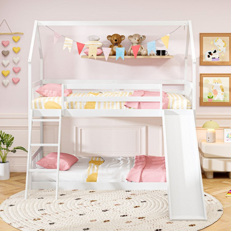 Twin Over Twin House Bunk Bed with Slide and Ladder