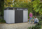 Keter Artisan 11x7 Modern Resin Outdoor Storage Shed Kit-Perfect to Store Patio Furniture, Garden Tools Bike Accessories, Beach Chairs and Lawn Mower, Grey & Black