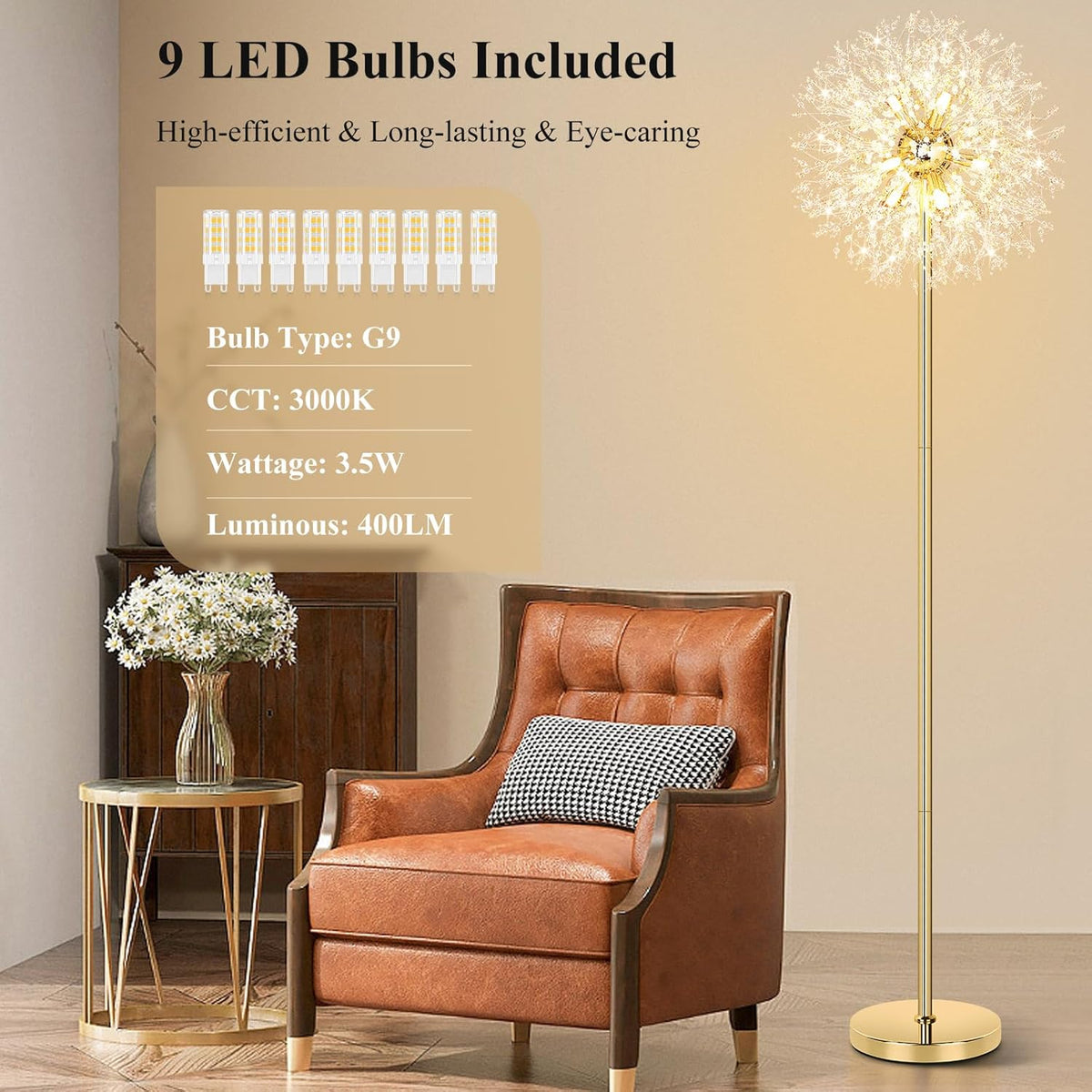 BesLowe 69'' Crystal Floor Lamp for Living Room, Modern Standing Lamp with 738PCS K9 Crystals, Tall Lamp Pole Light for Bedroom Office, Mid Century Gold Floor Lighting with 9 LED Bulbs, Antique Brass