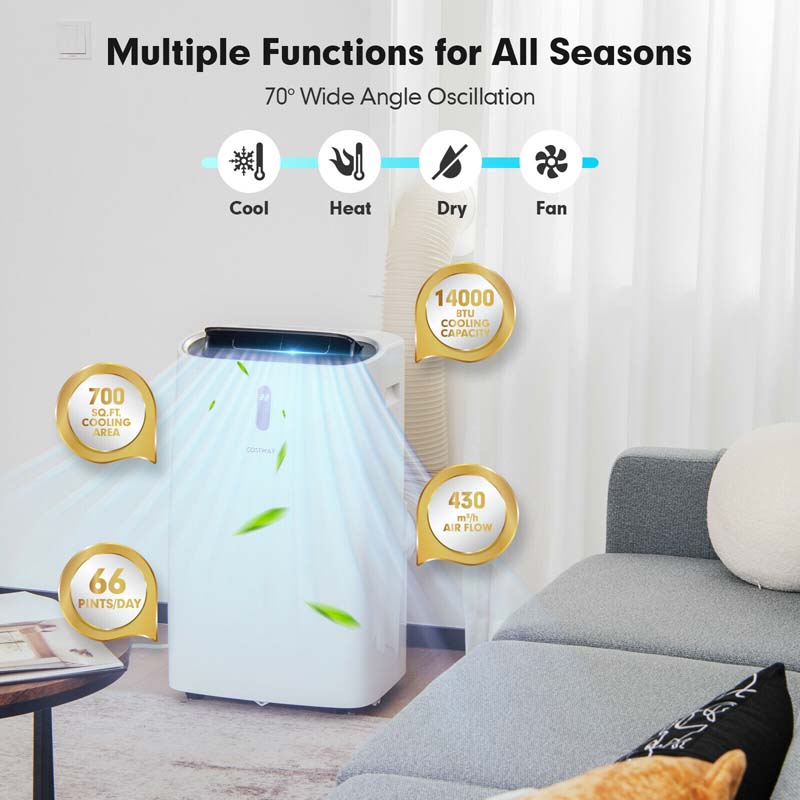 14000 BTU 4-in-1 WiFi Enabled AC Unit Portable Air Conditioner with Heat, Up to 700 Sq.Ft, Work with Alexa