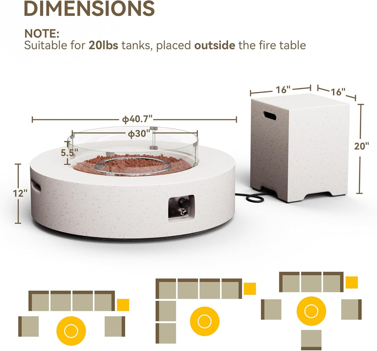 COSIEST 2-Piece Outdoor Propane Firepit Table Set w Tank Table, 42 inch Dark Fire Table Certified, 50,000 BTU w Beige Round Base,Wind Guard and 16 inches Tank Side Table 20lb for Garden,Pool