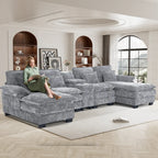 Wiilayok U Shaped Cloud Couch Modular Sectional Sofa 124" Extra Deep Fluffy Chenille Double Chaise Lounge, Central Console w/ Dual USB-C & A Ports, Storm Gray