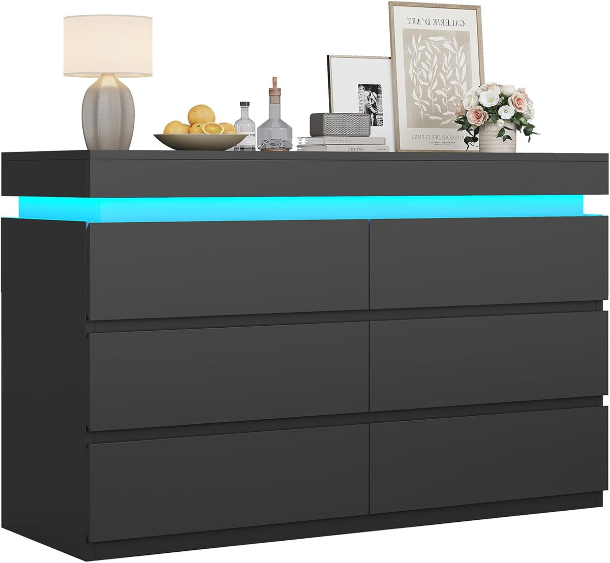 6 Drawer Dresser with LED Light, Black Modern Chest of Drawers for Bedroom,Closet Dressers with Drawers for Living Room, Entryway, Hallway