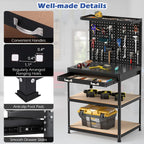 32" x 16" Workbench with Pegboard, 495 LBS Work Table with Drawer, Open Shelves, Heavy Duty Work Bench Workstation for Garage Workshop Warehouse