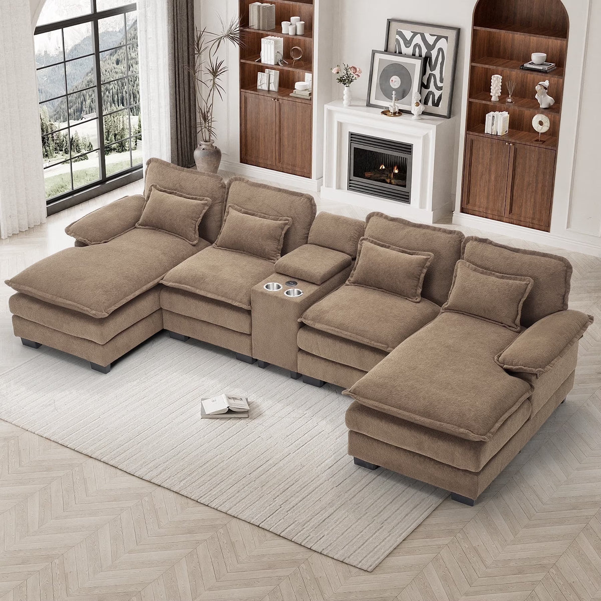 Wiilayok U Shaped Cloud Couch Modular Sectional Sofa 124" Extra Deep Fluffy Chenille Double Chaise Lounge, Central Console w/ Dual USB-C & A Ports, Storm Gray