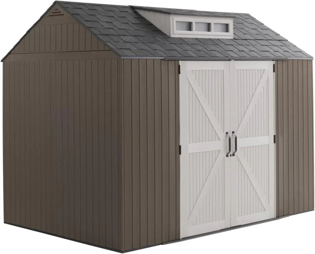 Rubbermaid Resin Outdoor Storage Shed With Floor (7 x 7 Ft) Weather Resistant Gray Organization for Home/Backyard/Garden Tools/Lawn Mower/Bike Storage/Pool Supplies
