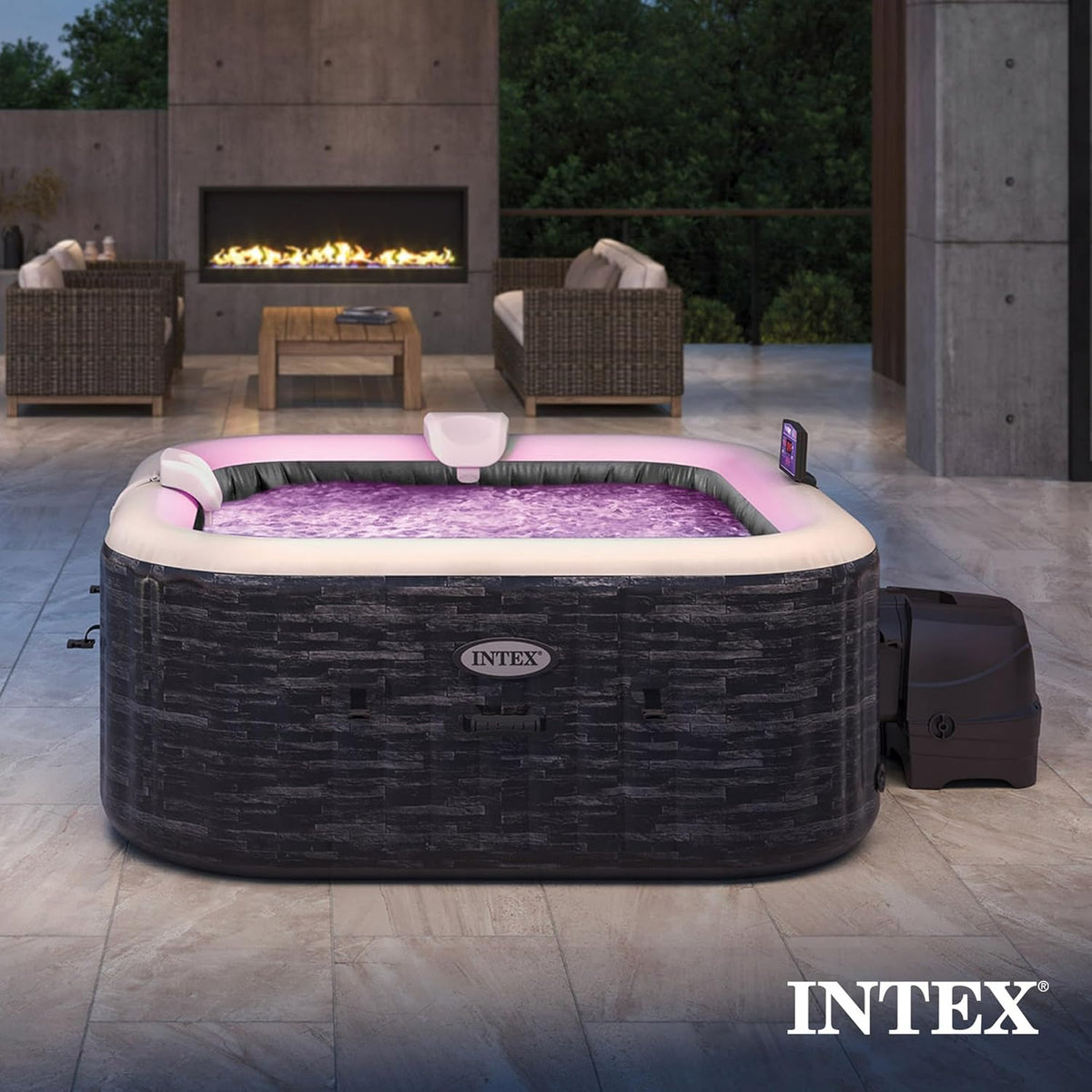 INTEX PureSpa Greystone Deluxe Inflatable Hot Tub  with with Built-in FastFill Inflation System  Spa Control App  and 4 Person Capacity  83" x 28"