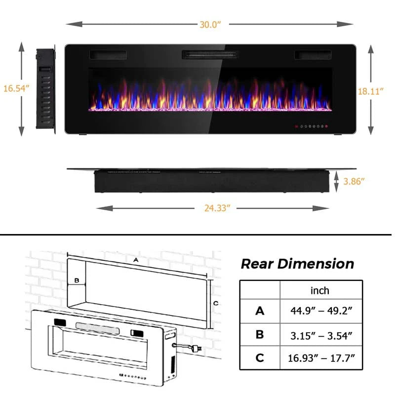 60" Ultra-Thin Electric Fireplace Insert, 1500W Recessed & Wall-mounted Fireplace Heater with 12 Flame Colors