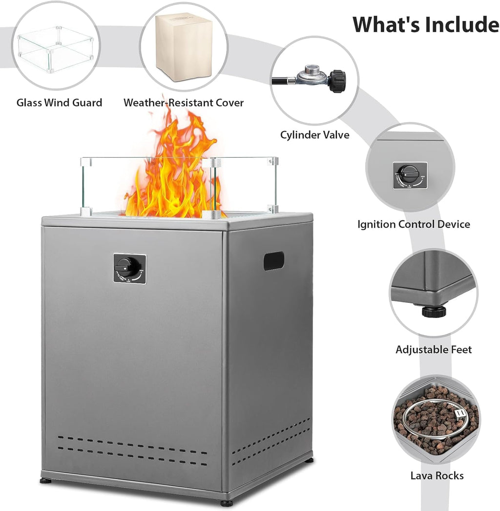 20" Square Smokeless Propane Fire Pit Table, 50,000 BTU Portable Outdoor Patio Heater with Lava Rocks, Glass Wind Guard & Cover for Deck, Backyard, Garden, Camping (Grey)