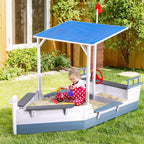 Wooden Boat Sandpit w/ UV Canopy, Flag, Ground Sheet
