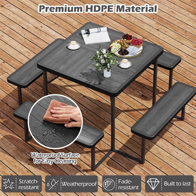 4-8 Person Outdoor Picnic Table Bench Set, All-Weather HDPE Square Dining Table with Umbrella Hole, 4 Benches & Metal Frame for Patio Backyard