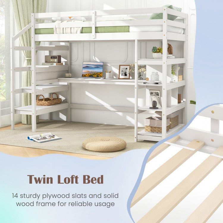 Twin Size Loft Bed with Desk and Storage Stairs Loft Bed Frame with Shelves and Safety Guardrails