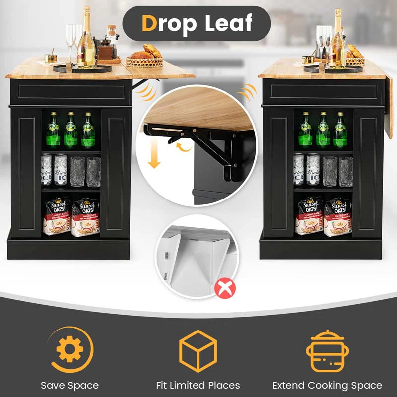 47" x36" x36" Rubber Wood Top Kitchen Island with Drop Leaf, 2 Drawers, Kitchen Storage Cabinets, Spice Racks, Adjustable Shelves