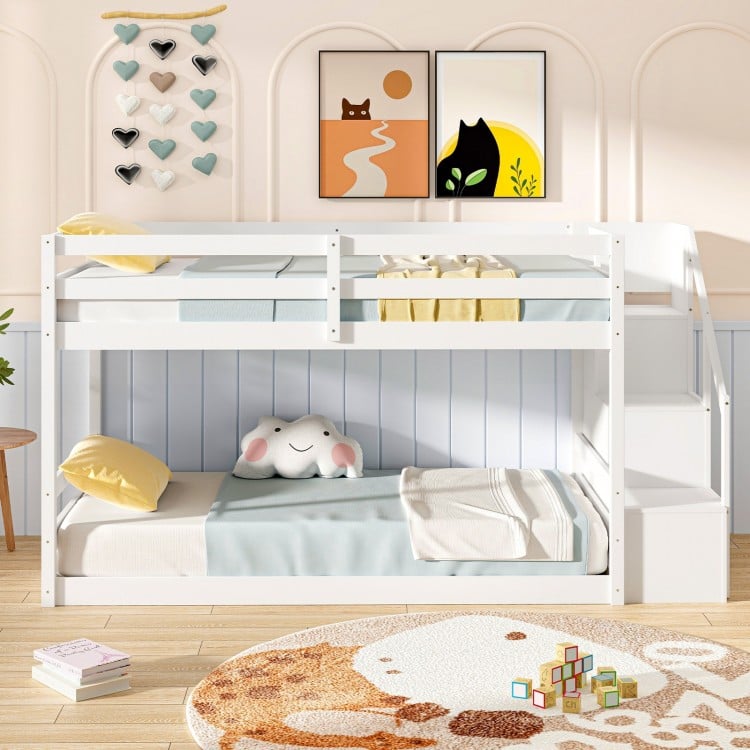 Twin Over Twin Low Bunk Bed with Storage Stairs Solid Wood Floor Bunk Bed Frame