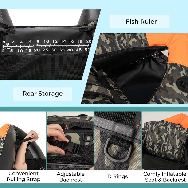 Inflatable Fishing Float Tube, 350LBS Portable Belly Boat with Rod Rack Basket, Fish Finder Holder, Fish Ruler, 3 Storage Boxes & Pump